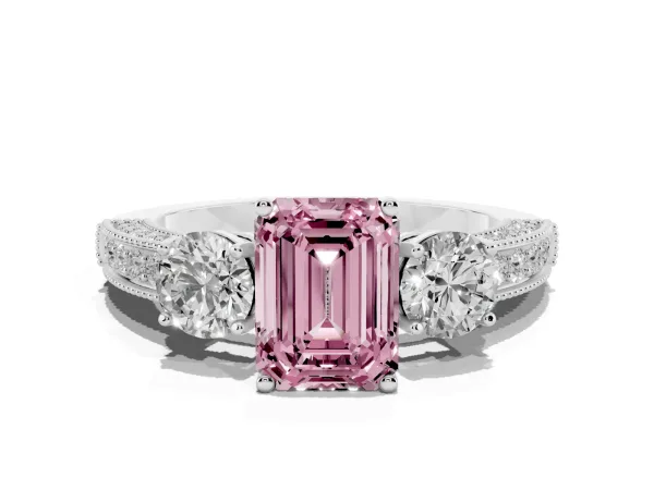 Fancy Pink Emerald Cut Three-Stone Diamond Ring with Pavé Band and Four-Prong Setting Platinum