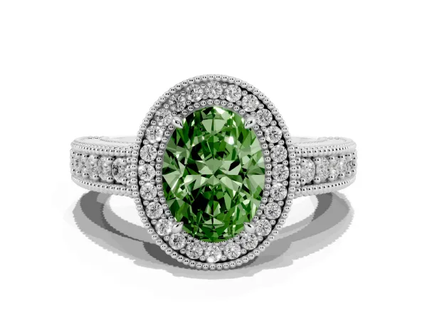 Fancy Green Oval Cut Cut Halo Diamond Ring with Pavé Band and Four-Prong Setting Platinum