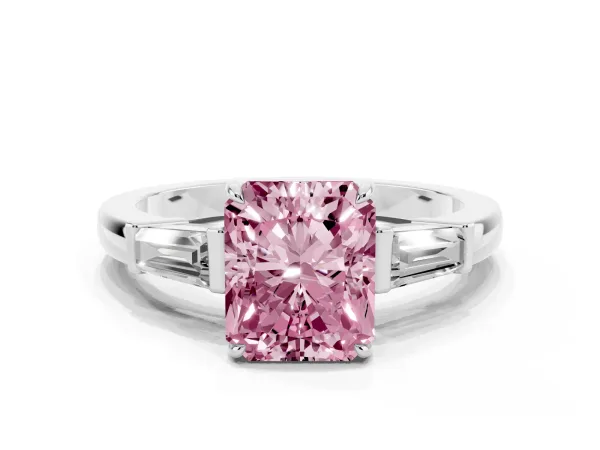 Fancy Pink Radiant Cut Diamond Three-Stone Ring with Tapered Baguette Side Stones and Prong Setting White gold
