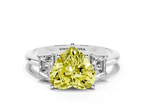 Fancy Yellow Heart Cut Diamond Three-Stone Ring with Trapezoid Side Stones and Prong Setting Platinum