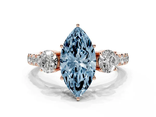 Fancy Blue Marquise Cut Cut Diamond Three-Stone Ring with Round Side Stones and Pavé Band Rose gold