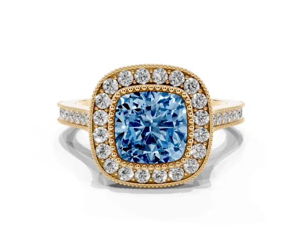 Fancy Blue Cushion Cut Diamond Halo Ring with Milgrain Frame and Pavé Band Yellow gold
