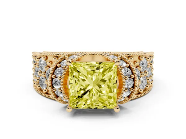 Fancy Yellow Princess Cut Halo Pave Diamond Engagement Ring with Milgrain Detailing Yellow gold