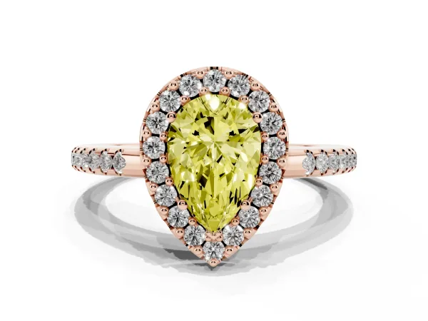 Fancy Yellow Pear Cut Diamond Pavé Halo Ring with Four-Prong Setting Rose gold