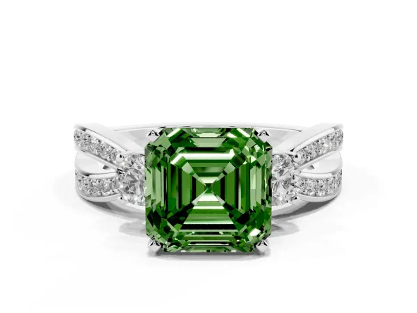 Fancy Green Three-Stone Asscher Cut Cut Diamond Twist Band with Prong Setting White gold