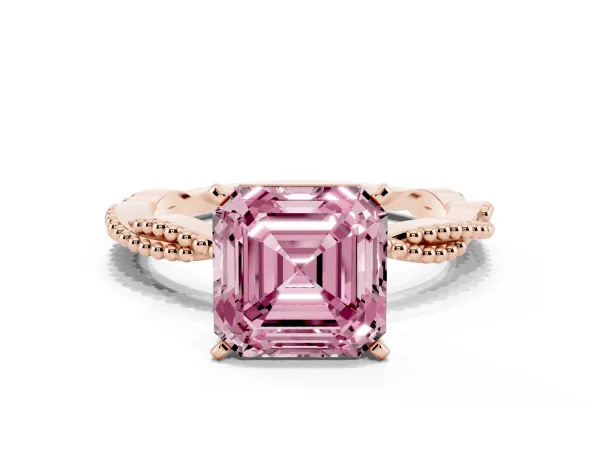 Fancy Pink Asscher Cut Solitaire Twisted Band with Bead Prong Setting Rose gold