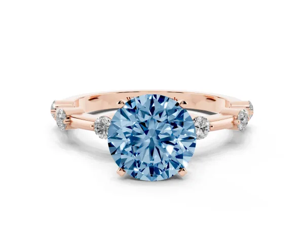 Fancy Blue Round Cut Solitaire Diamond Ring with Bezel Set Side Stones and Prong Setting Rose gold