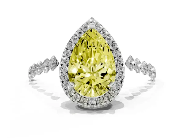 Fancy Yellow Pear Cut Halo Pavé Diamond Engagement Ring with Four-Prong Setting Platinum