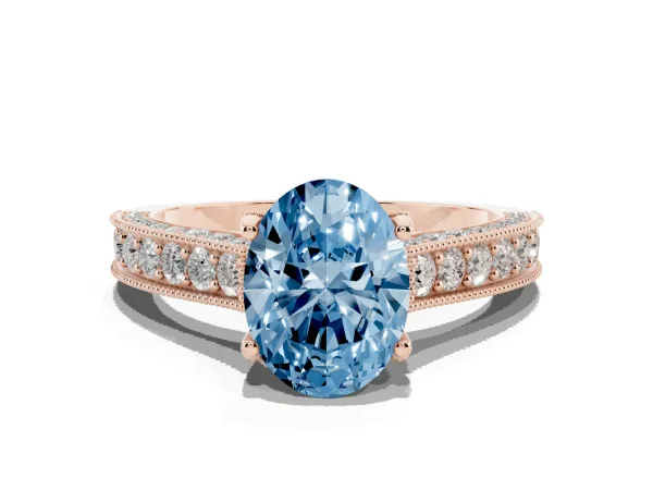 Fancy Blue Oval Cut Cut Diamond Solitaire Ring with Milgrain Pave Band and Four Prong Setting Rose gold