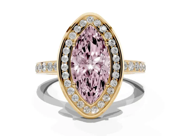 Fancy Pink Marquise Cut Diamond Halo Ring with Bezel Frame and Pavé Band Yellow gold