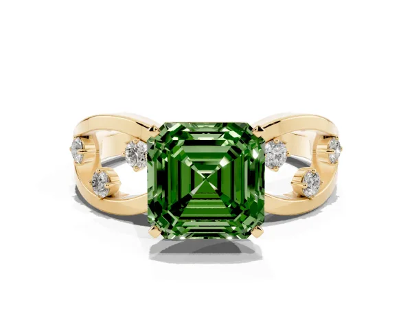Fancy Green Asscher Cut Cut Solitaire Diamond with Side Stones on Criss-Cross Band and Four-Prong Setting Yellow gold