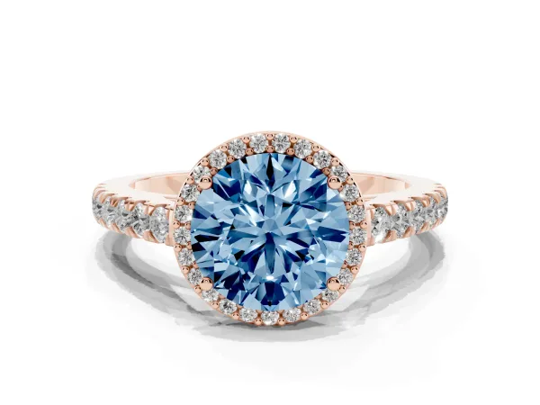 Fancy Blue Round Cut Cut Halo Diamond Engagement Ring with Pave Band and Four-Prong Setting Rose gold