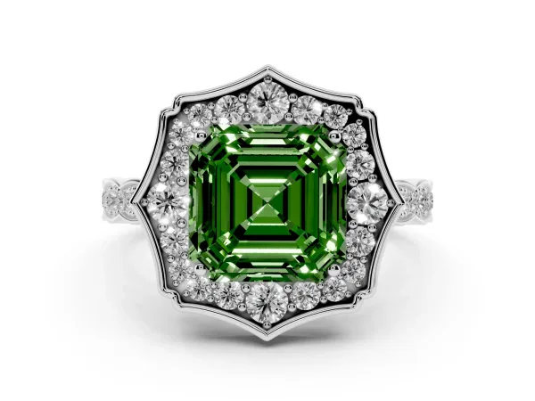 Fancy Green Asscher Cut Halo Diamond Engagement Ring with Milgrain Band and Four-Prong Setting Platinum