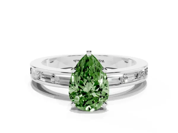 Fancy Green Pear Cut Solitaire Diamond Ring with Channel-Set Baguette Band and Four-Prong Setting Platinum