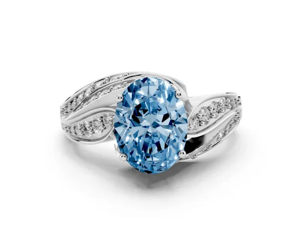 Fancy Blue Oval Cut Diamond Solitaire Ring with Prong Setting and Twisted Pavé Band Platinum