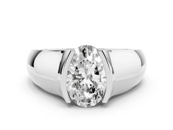 Oval Cut Solitaire Bezel Set Diamond Ring with Wide Band White gold