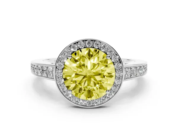 Fancy Yellow Round Cut Halo Pavé Diamond Engagement Ring with Bezel Setting White gold