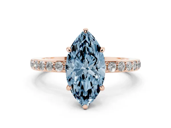 Fancy Blue Marquise Cut Diamond Pavé Engagement Ring with Round Accents and Prong Setting Rose gold