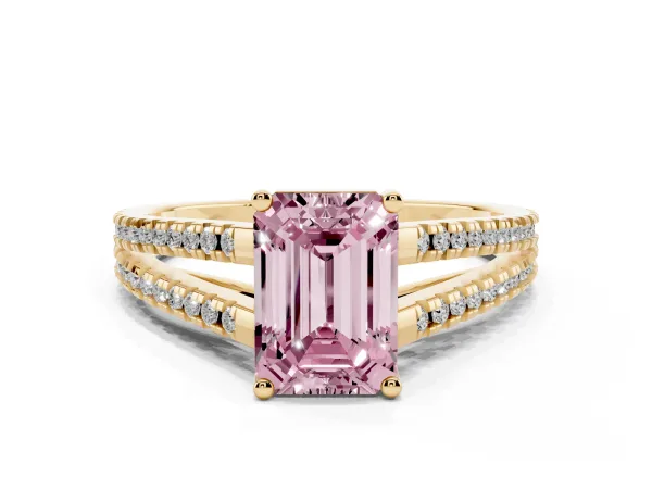 Fancy Pink Emerald Cut Diamond Solitaire Engagement Ring with Split Shank Pavé Band Yellow gold