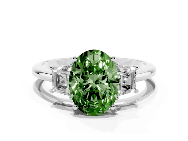 Fancy Green Oval Cut Diamond Three-Stone Ring with Trapezoid Side Stones and Prong Setting White gold
