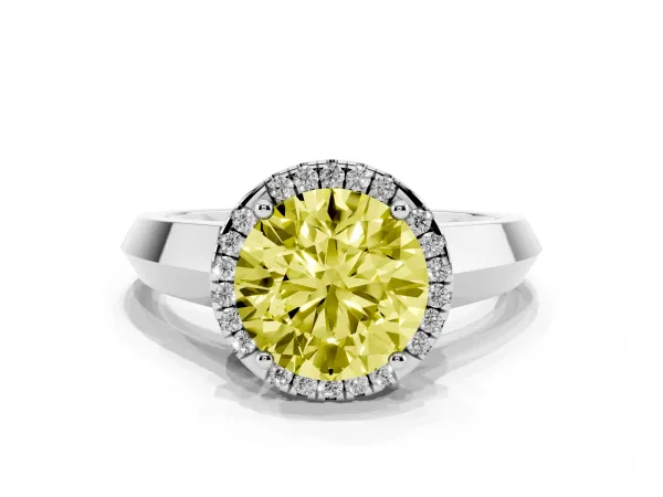 Fancy Yellow Round Cut Halo Diamond Ring with Cathedral Band and Four-Prong Setting White gold