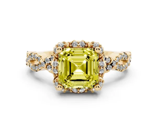Fancy Yellow Asscher Cut Halo Twist Band Solitaire Ring with Six-Prong Setting Yellow gold