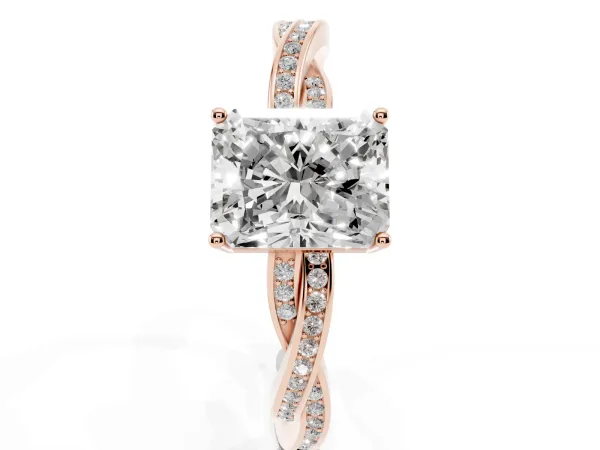 Radiant Cut Solitaire Twisted Pave Diamond Ring with Four-Prong Setting Rose gold