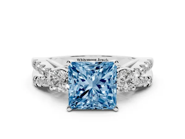 Fancy Blue Princess Cut Diamond Three-Stone Ring with Pavé Split Shank and Four-Prong Setting Platinum