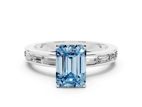 Fancy Blue Emerald Cut Solitaire Diamond Ring with Channel-Set Baguette Band and Four-Prong Setting Platinum