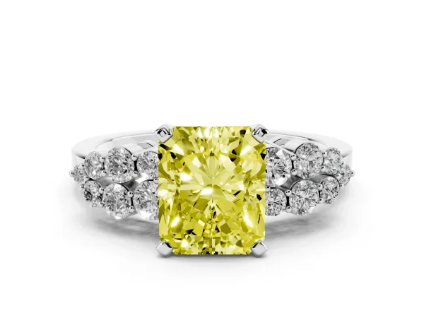 Fancy Yellow Radiant Cut Cluster Diamond Engagement Ring with Pavé Band and Four-Prong Setting White gold