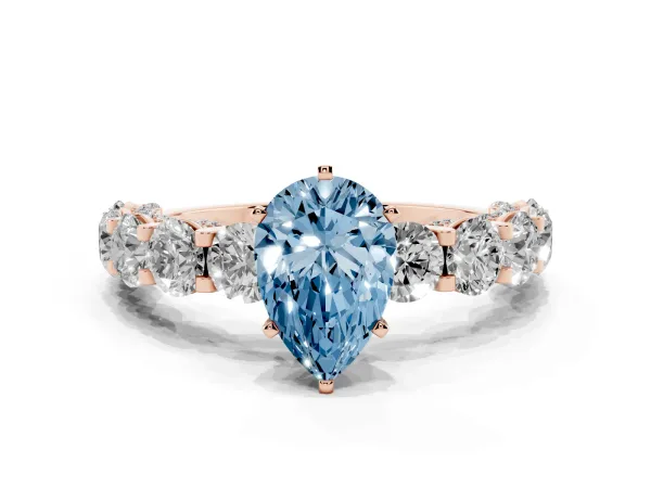 Fancy Blue Pear Cut Diamond Side Stone Engagement Ring with Four-Prong Setting Rose gold