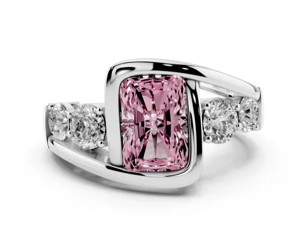 Fancy Pink Bezel Set Radiant Cut Diamond Bypass Ring with Round Accents Platinum