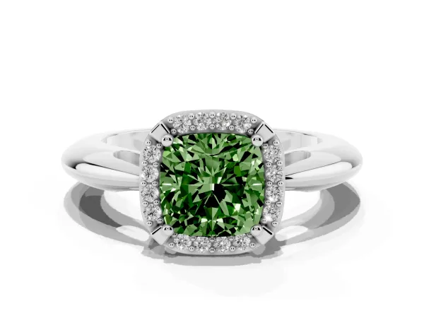 Fancy Green Cushion Cut Cut Diamond Halo Engagement Ring with Split Shank and Four-Prong Setting Platinum