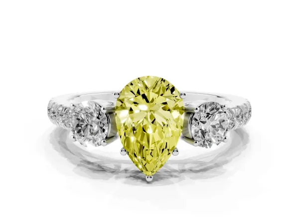 Fancy Yellow Pear Cut Cut Diamond Three-Stone Ring with Round Side Stones and Pavé Band Platinum