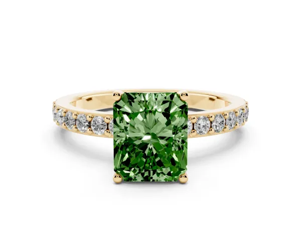 Fancy Green Radiant Cut Cut Diamond Solitaire with Pave Band and Four-Prong Setting Yellow gold
