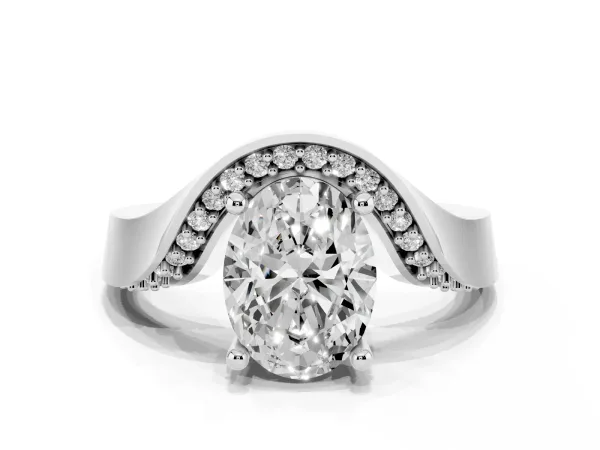 Oval Cut Solitaire Diamond Engagement Ring with Pave Band and Four-Prong Setting White gold