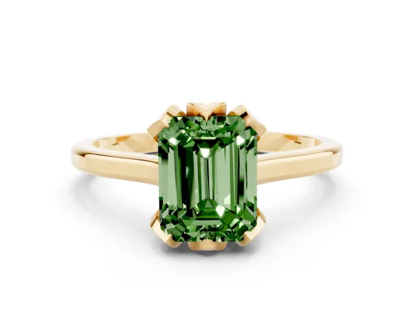 Fancy Green Emerald Cut Diamond Solitaire Ring with Flower Prong Setting and Classic Band Yellow gold