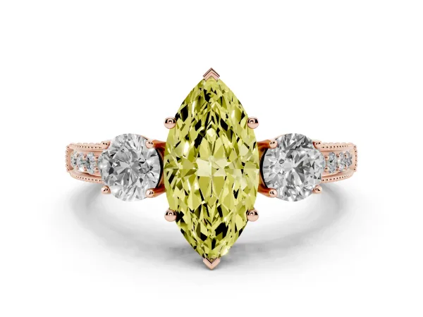 Fancy Yellow Marquise Cut Three-Stone Diamond Ring with Pavé Band and Four-Prong Setting Rose gold