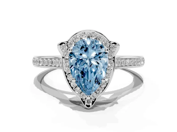 Fancy Blue Pear Cut Halo Round Diamond Pave Band with Four-Prong Setting Platinum