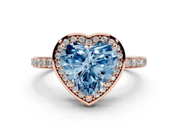 Fancy Blue Heart Cut Halo Pave Band Solitaire Ring with Prong Setting Rose gold