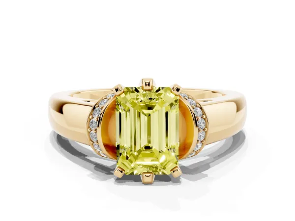 Fancy Yellow Emerald Cut Solitaire Diamond Ring with Pave Band and Six-Prong Setting Yellow gold