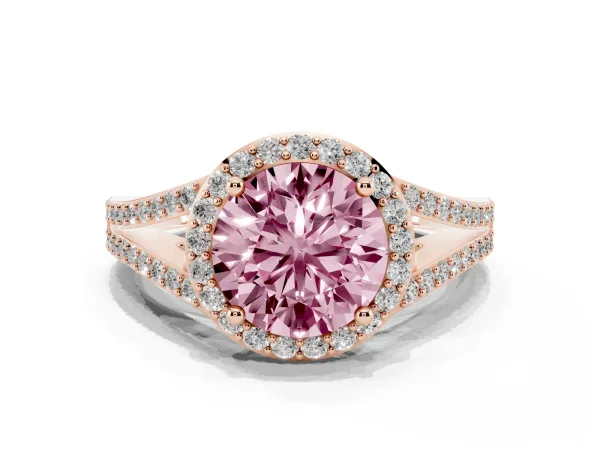 Fancy Pink Round Cut Halo Split Shank Diamond Ring with Prong Setting Rose gold