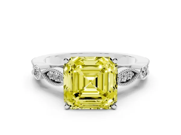 Fancy Yellow Asscher Cut Cut Diamond with Milgrain Marquise and Bezel Accents on a Solitaire Band with Prong Setting White gold
