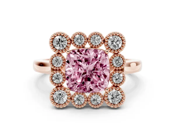 Fancy Pink Cushion Cut Halo Diamond Cluster Engagement Ring with Milgrain Bezel Setting and Solitaire Band Rose gold