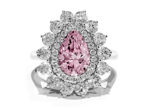 Fancy Pink Pear Cut Diamond Floral Double Halo Engagement Ring with Prong Setting Platinum