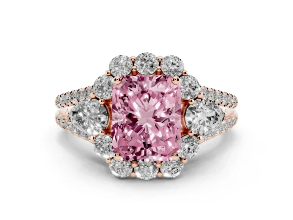 Fancy Pink Radiant Cut Halo Split Shank Diamond Engagement Ring with Prong Setting Rose gold