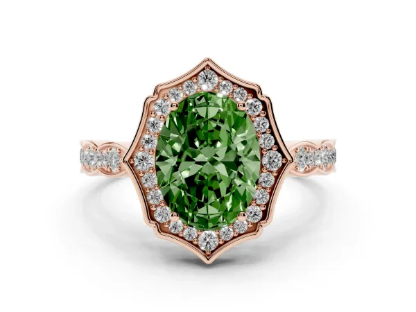 Fancy Green Oval Cut Halo Diamond Engagement Ring with Milgrain Band and Four-Prong Setting Rose gold