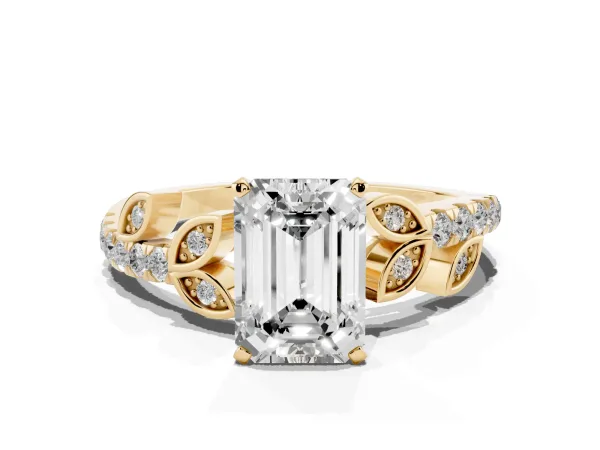 Emerald Cut Solitaire Leaf-Inspired Diamond Ring with Pavé Band and Four-Prong Setting Yellow gold