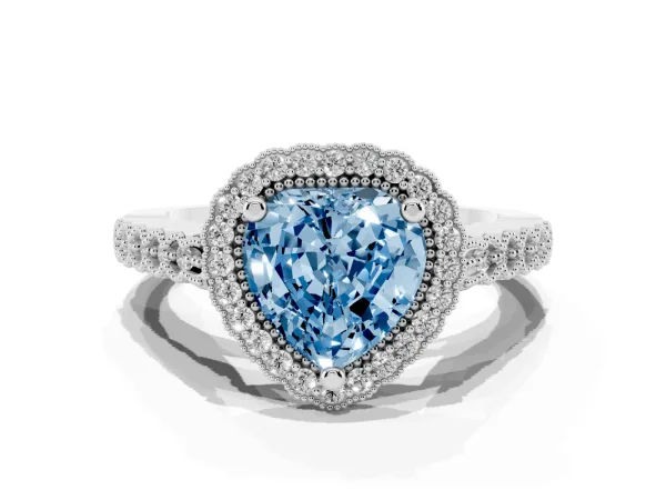 Fancy Blue Heart Cut Cut Halo Pavé Solitaire Ring with Milgrain Band Platinum
