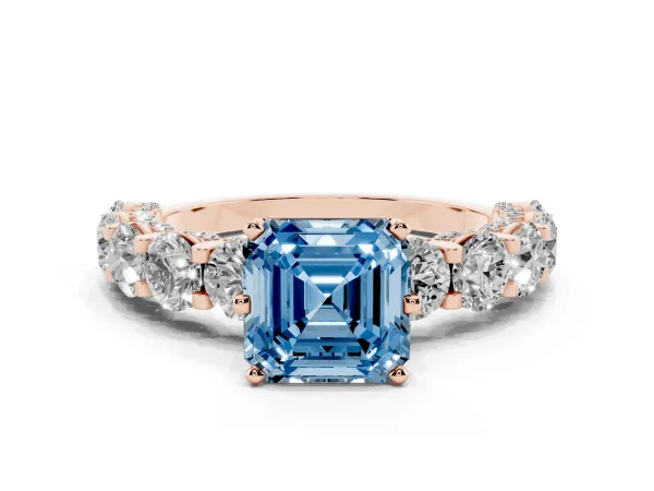 Fancy Blue Asscher Cut Diamond Side Stone Engagement Ring with Four-Prong Setting Rose gold